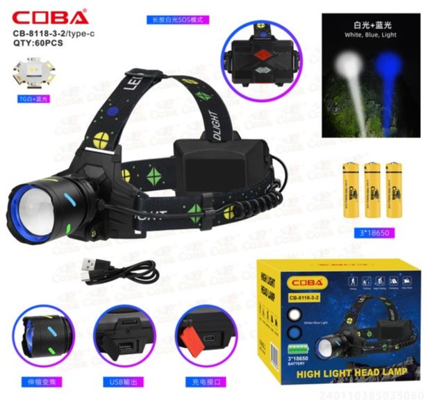 Lanterna de cap COBA CB-8118-3-2-TG