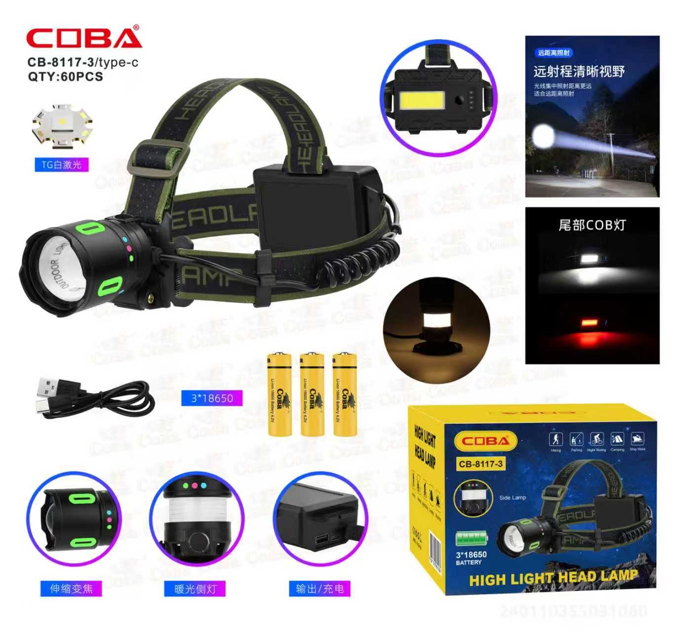 Lanterna de cap COBA CB-8117-3-TG