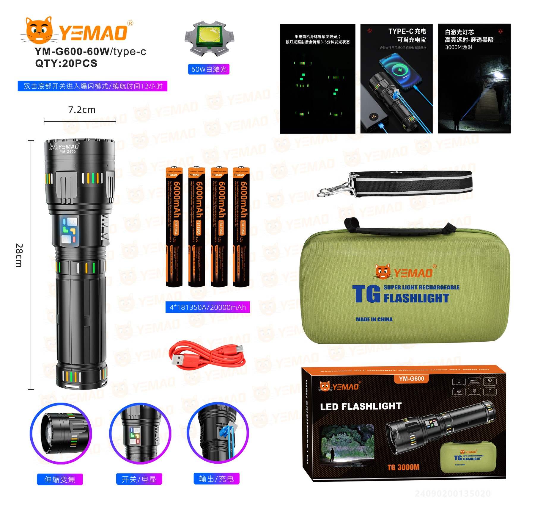 Lanterna LED YEMAO YM-G500, raza 2 km, incarcare Type-C