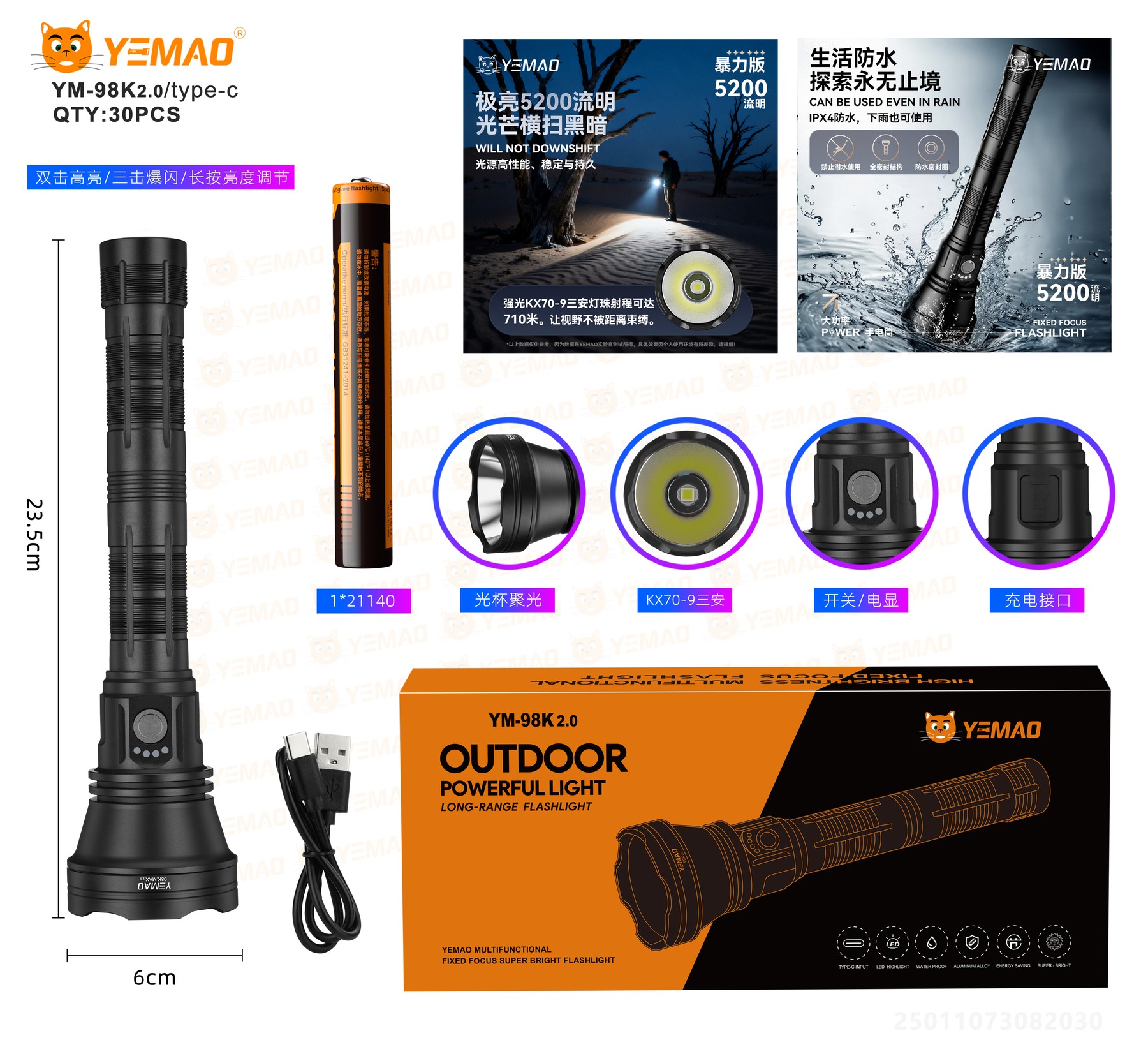 Lanterna reincarcabila YEMAO YM-98K2.0, 2840 lm, TG LED, Zoom, Type-C